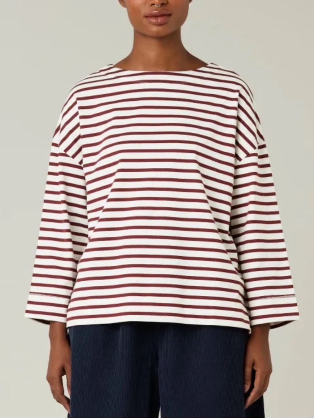 Beyond Nine Breton Top in Ecru and Cherry Stripe.
